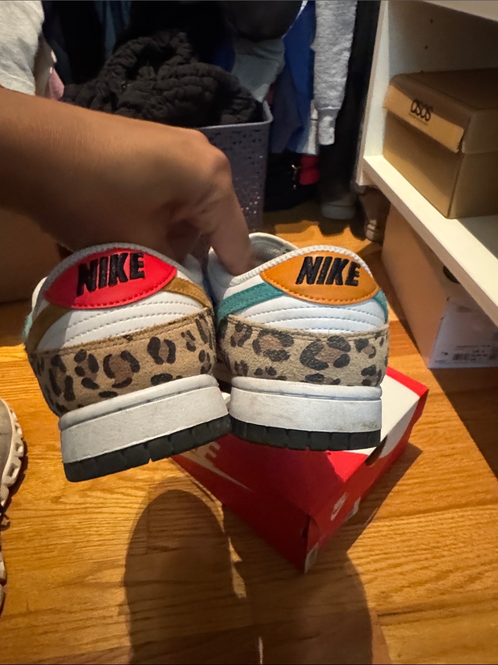 Nike White Multi-Accent Low Top Sneakers with Teal Fur and Gold Swoosh - Picture 3 of 4
